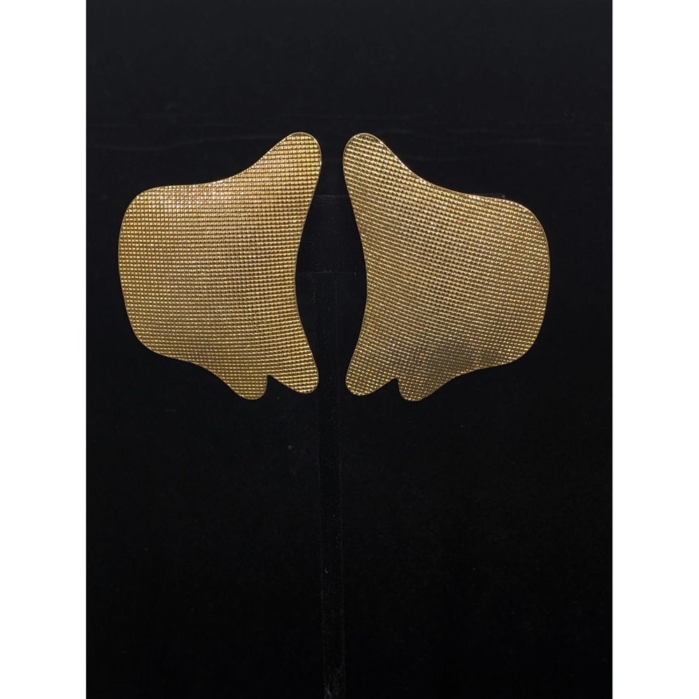 Vintage Gold Tone Abstract Clip On Earrings Textured Large Statement